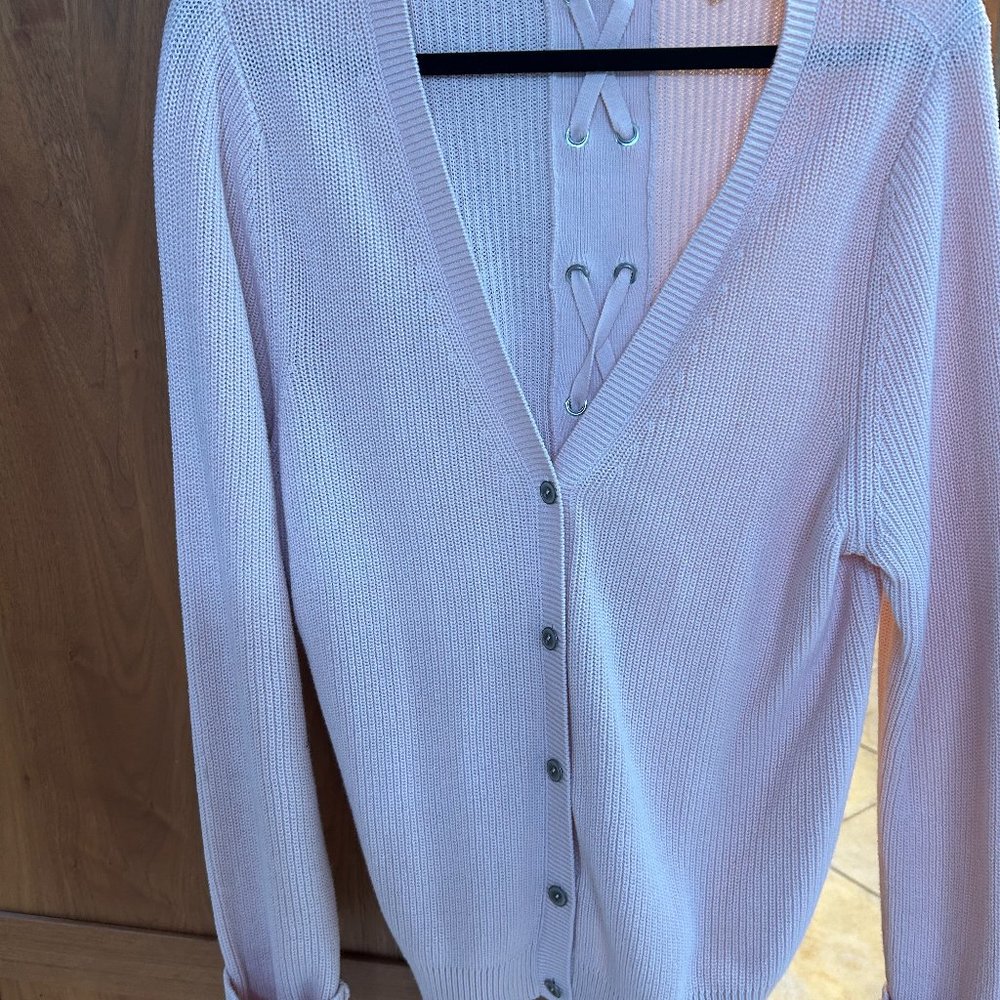 Cabi Pink V-neck Eliza Sweater with lace detail on back, NWOT, Size XL